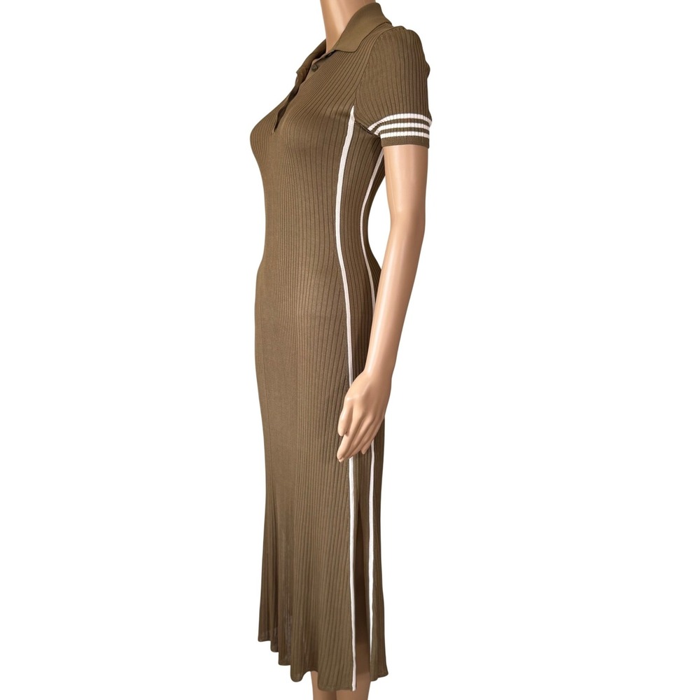 Rag & Bone Olive Green Ribbed Knit Polo Midi Dress Side Stripe Size S P - Picture 3 of 7